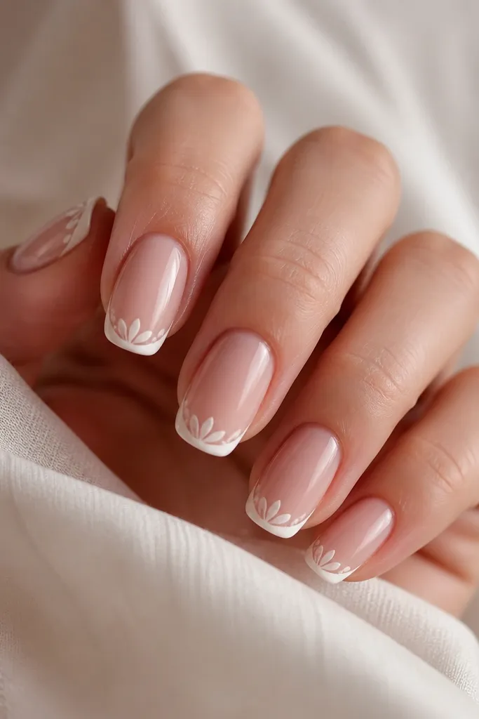 Squoval nails with a rose nude base. French tips are white with a soft rounded edge. Inside each tip, there are petal-like shell shapes made with tiny teardrop strokes, arranged in a fan pattern.