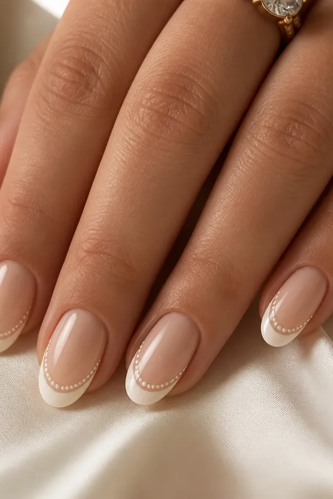 Medium oval nails with a beige nude base. French tips are thin and creamy white. Along the very edge of the tip, there's a micro rim of tiny pearls, like a beaded border, with a single dotted curve inside.