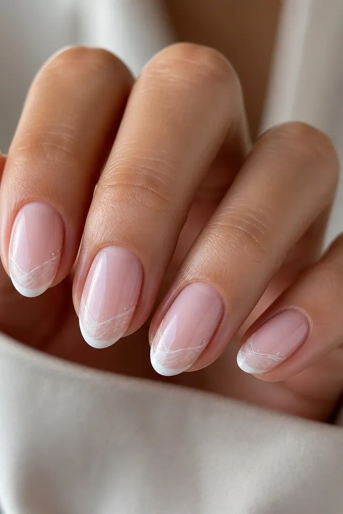 Short almond nails with a sheer milky pink base. French tips are milk white. Inside the tips, there are thin, hand-drawn scribble waves in pearl white, with a few small dot accents.