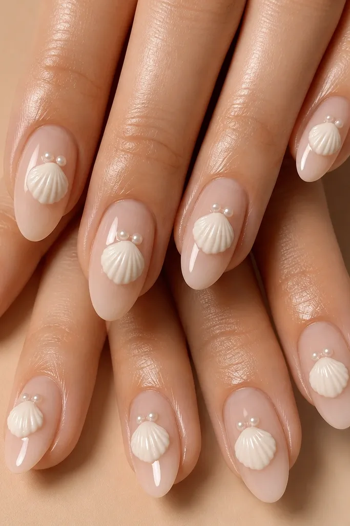 Set of medium almond nails on a nude skin-toned background. Each nail has a milky nude acrylic base. Near the center of every nail sits a small shell-shaped cap in soft white with subtle ridges. At the top of each shell cap are two tiny round pearls, spaced like a crown. The nails are high-gloss and look smooth, with the 3D shell sitting slightly above the base.