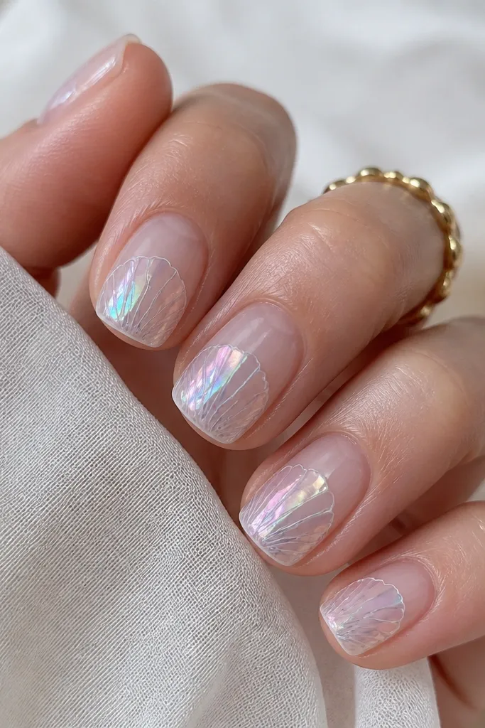 A set of short squoval nails with a clear-to-soft nude base. Each nail has a semi-transparent shell outline in pale white and faint gray ridges. Over the shell area, there's an iridescent oyster shimmer that shifts between pink, blue, and green under light. The rest of the nail stays mostly clear and glossy.