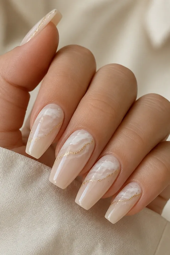 Medium coffin nails. The base is milky nude. The top half has soft white marble swirls, and the very tip has a thin shell-shaped curve. Across one side of each nail runs a micro gold line like sand, with tiny gold specks near it. Everything is glossy and clean, with no bulky 3D.