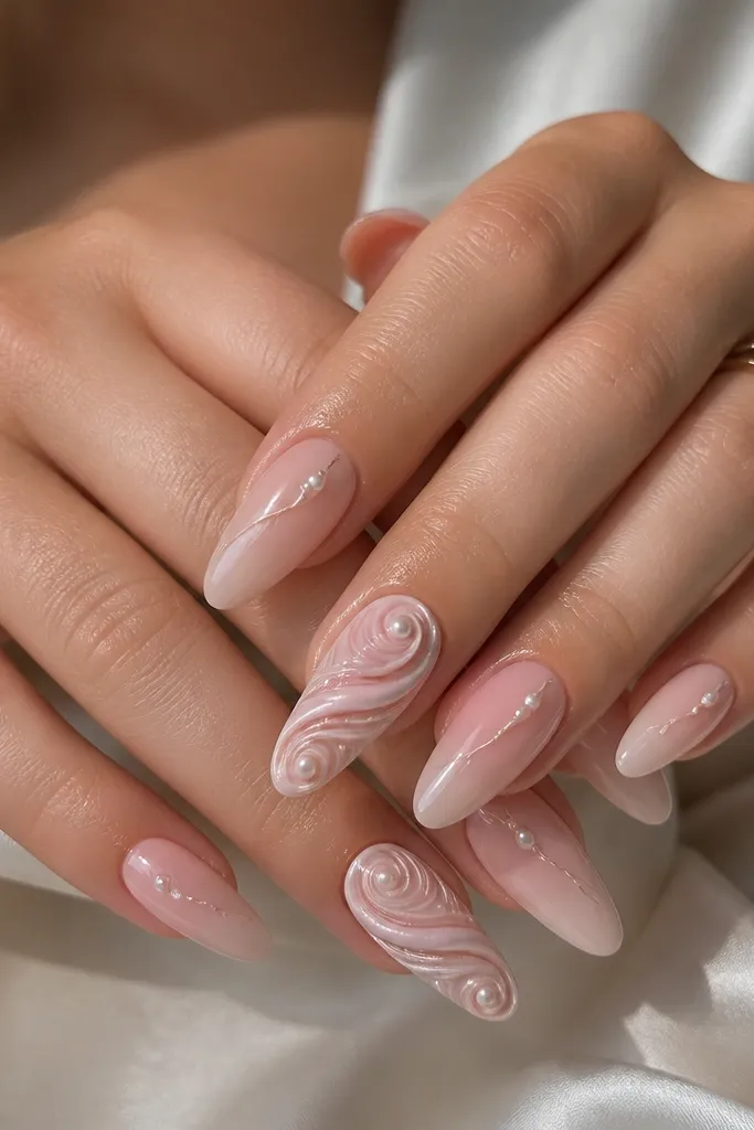 Long almond nails with a nude pink acrylic base. Two nails have larger shell swirls in soft rose and white, shaped like curved shell spirals. Small rose-gold pearl beads sit at the ends of the swirls. The rest of the nails have a single thin swirl and one tiny pearl near the center. Glossy finish.