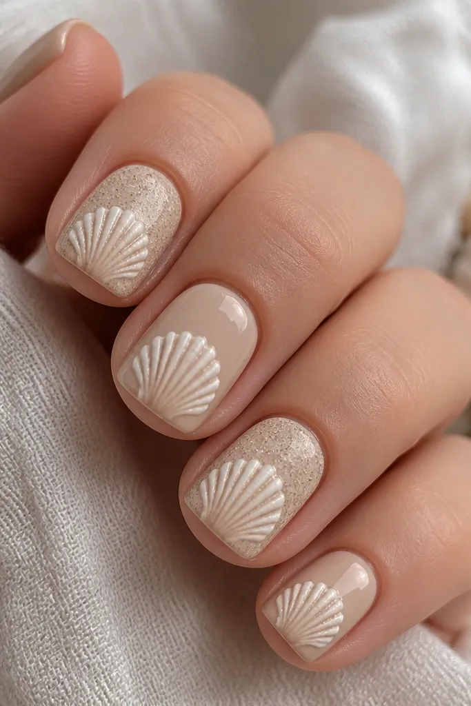 Short square nails with a warm beige sand base. Some nails have tiny, fine sand-like texture across the surface. A raised white shell outline runs along the center of each nail, with subtle 3D ridges. The nails have a glossy top coat but the sand area looks slightly grainy under light.