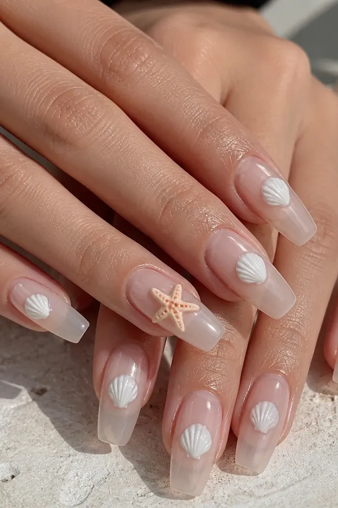 Medium coffin nails with a glossy clear jelly base. On each nail, a tiny 3D shell ridge sits near the center, sculpted in white with smooth ridges. One accent nail has a small starfish charm in pale peach and white, attached under a clear gel layer. Everything is very glossy, like glass.