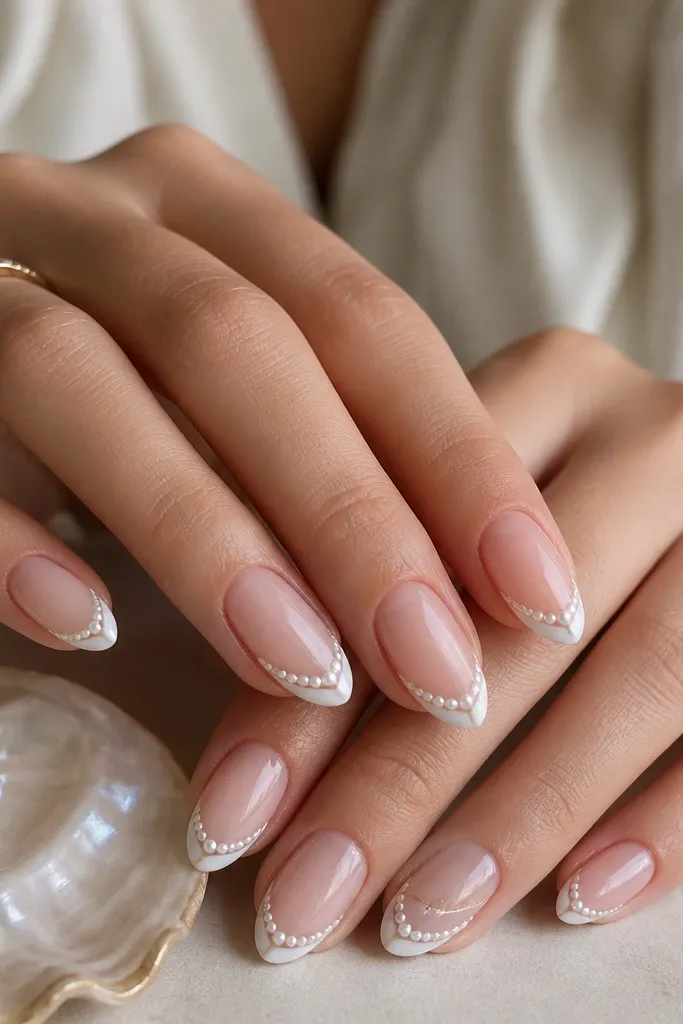 Short almond nails with a sheer nude base. The tips are painted in a soft pearly white French tip, not too wide. A thin crescent shell line sits just above the French line on two accent nails. Tiny pearl dots form a half-moon pattern along the edge of the French tips. Glossy finish.