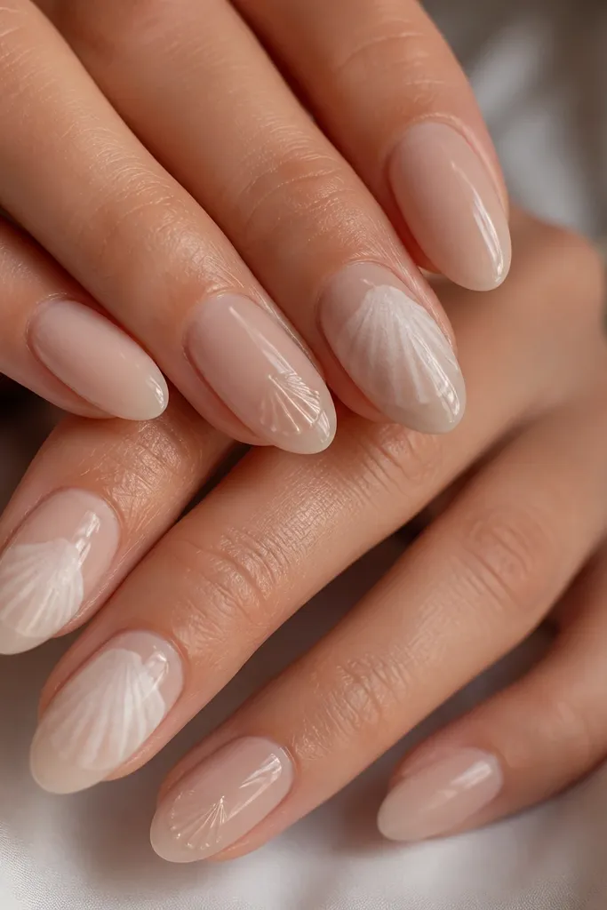 Medium oval nails with a sheer beige base like skin tint. Over three nails, chalky matte-white shell shapes appear with soft edges, like painted chalk. On two nails, there are minimal glossy shell ridges in the center. The set includes both matte and glossy contrast, with everything still looking smooth.