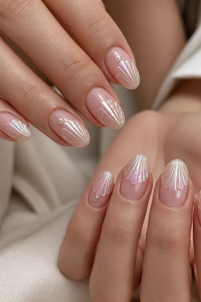 Medium almond nails with a naked pink base. On each nail, a small seashell-shaped burst sits near the center: ridged shell lines radiate outward in a pearly chrome finish. The chrome shifts between silver, pink, and white. The rest of the nail is minimal, with one extra tiny pearl on two nails. Very glossy top coat.