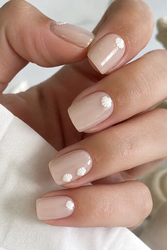 Short squoval nails in soft beige. Most nails are smooth and glossy. Each nail has a tiny 3D shell accent in the upper corner near the sidewall, like a small seashell charm embedded at the edge. The shell is white with gentle ridges. One nail has two tiny shell corners. Glossy finish.