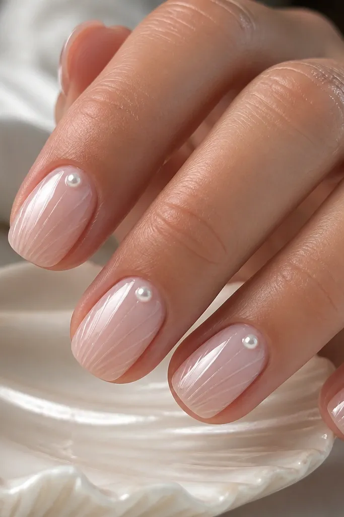 Short squoval nails painted a sheer milky pink; each nail has thin curved shell ridges running from near the cuticle toward the tip. One small pearl-white dot sits centered on each nail, and everything is glossy.