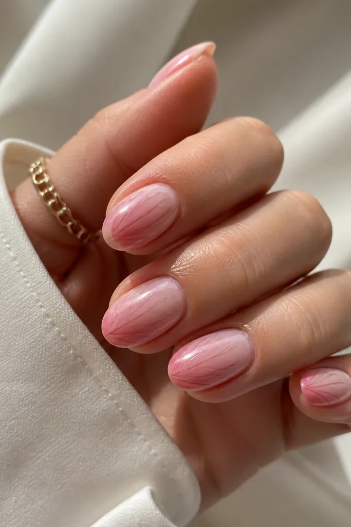 Medium-length rounded nails with a smooth gradient from pale pink at the cuticle to rosy pink at the tips. The shell pattern looks like fine, vein-like curves in a slightly darker pink, with a glossy finish.