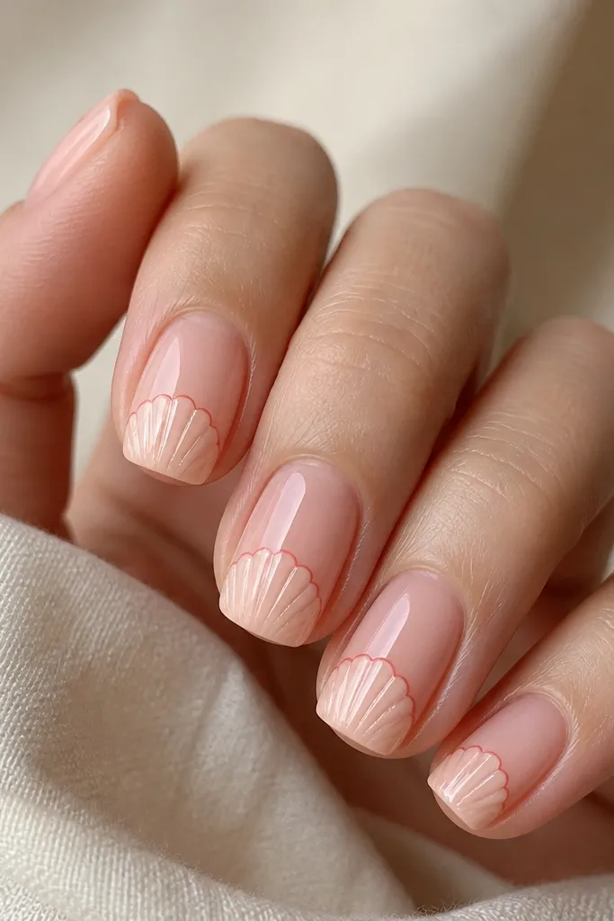 Short squoval nails. The cuticle area is a sheer nude-pink. The top half has a half-moon shell pattern at the tips, drawn in pale blush with tiny curved ridges. The shell area is outlined with a slightly darker blush line.