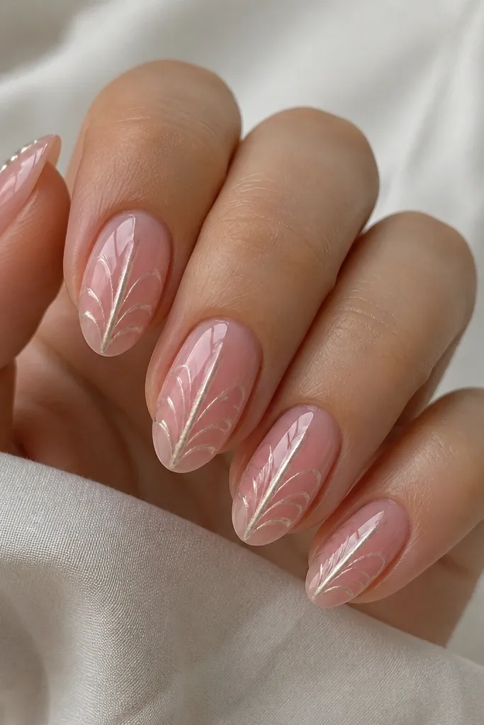 Medium almond nails in a sheer pink base. A single vertical center stripe runs from near the cuticle to the tip in pearl chrome, with small curved shell arcs branching off it. High mirror shine top coat.