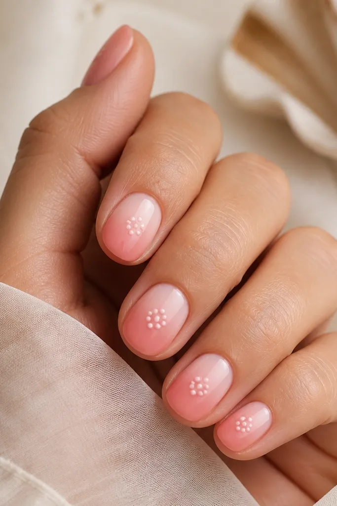 Short rounded nails. The base is blush ombre, lighter at the cuticle and deeper at the tip. Each nail has a cluster of tiny dot clusters near the center that look like miniature shell bumps.