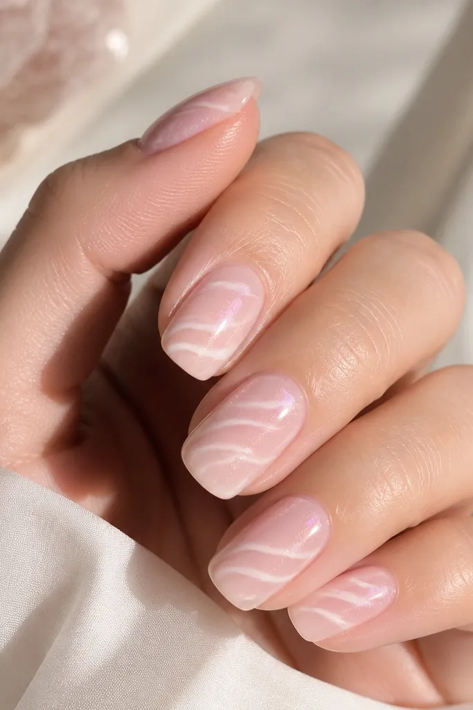 Medium squoval nails with a milky pink base. White curved ridges run diagonally across each nail, like rose quartz veins, with a glossy finish and faint pearly shimmer.