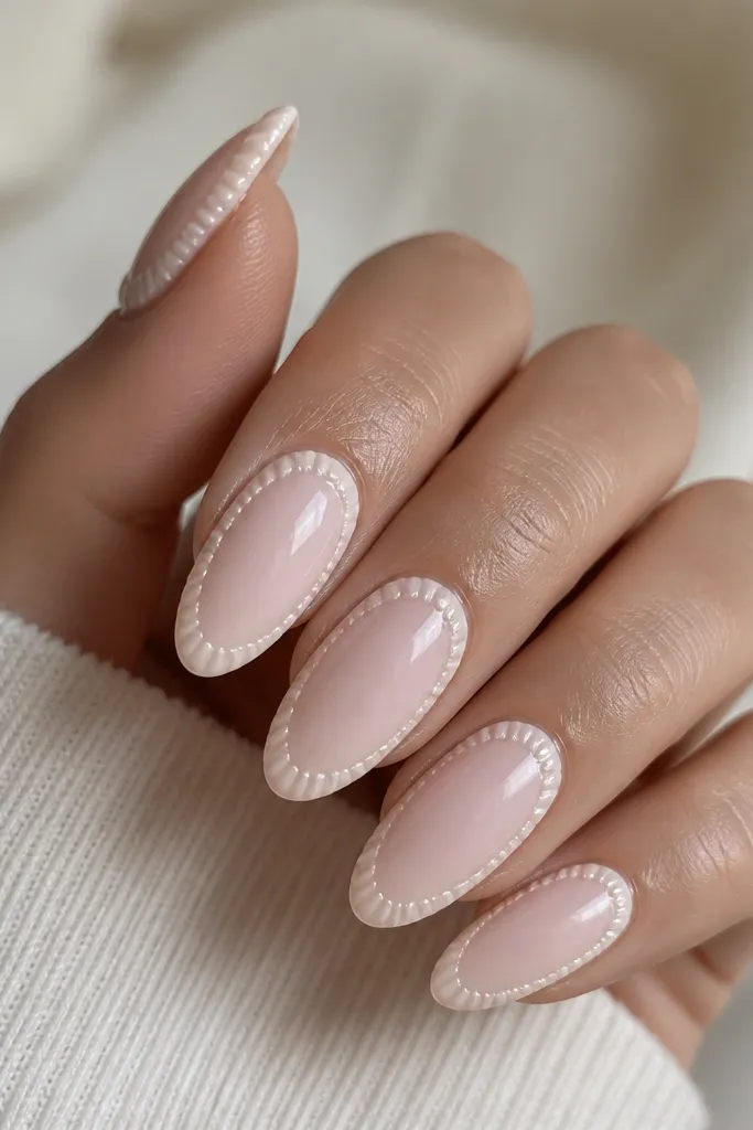 Long almond nails with a creamy sheer pink base. A thin curved shell border runs around the perimeter of each nail, with micro ridges along the border and a glossy shine.