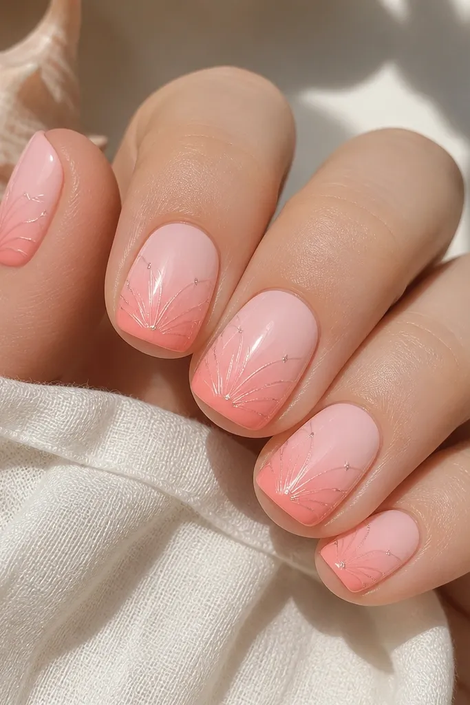 Short squoval nails with a pastel fade from creamy pink at the cuticle to coral-pink at the tips. Shell ridges are drawn in a pale peach, and tiny silver dots sit at ridge intersections.