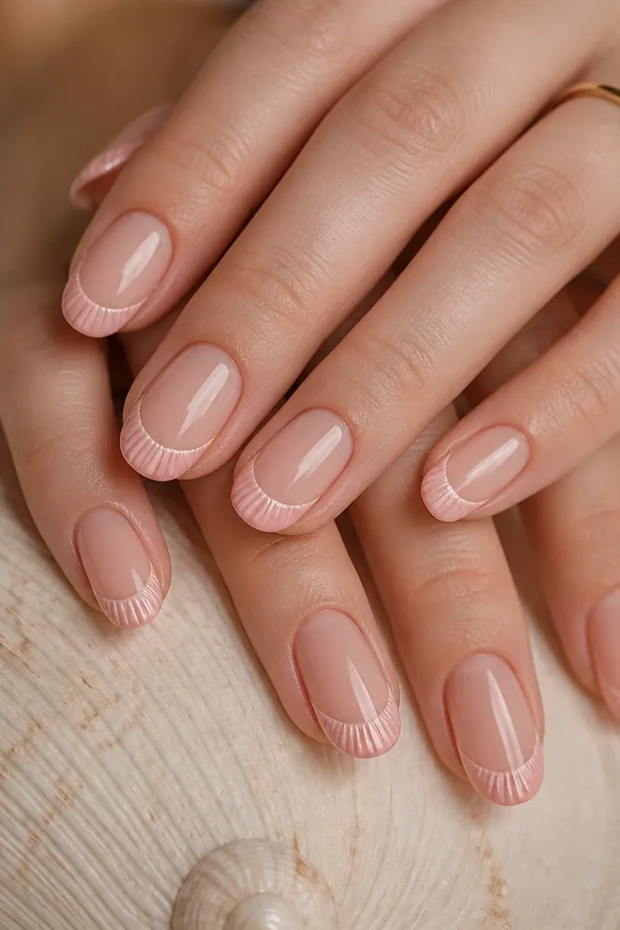 Nails in a sheer nude-pink. The French tips are a soft pink with a curved smile line, and the tip area has fine shell ridges running parallel to the smile.
