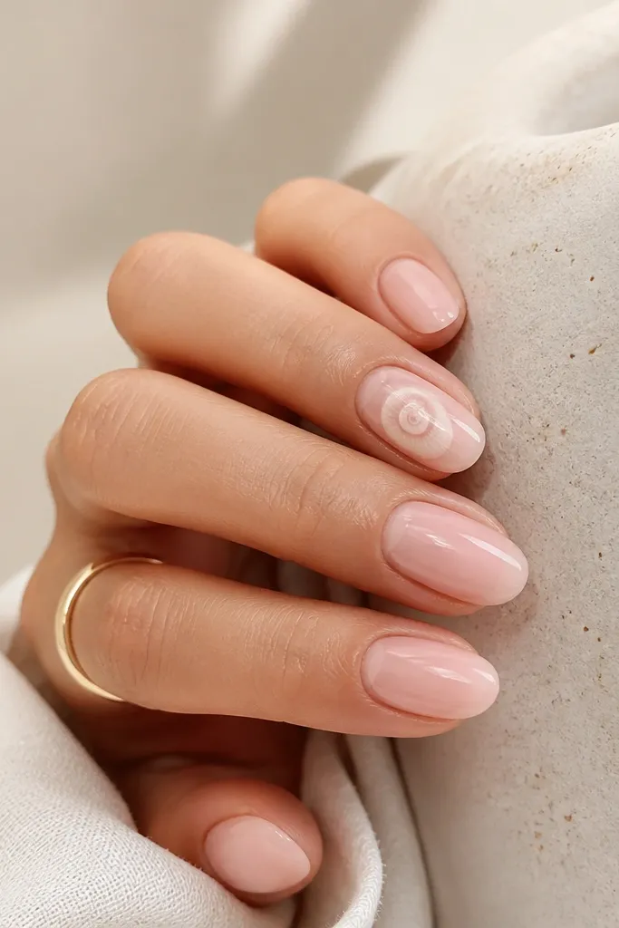 Most nails are sheer pink and glossy. One accent nail has a spiral shell pattern in white near the center, with faint translucent shading around the spiral.