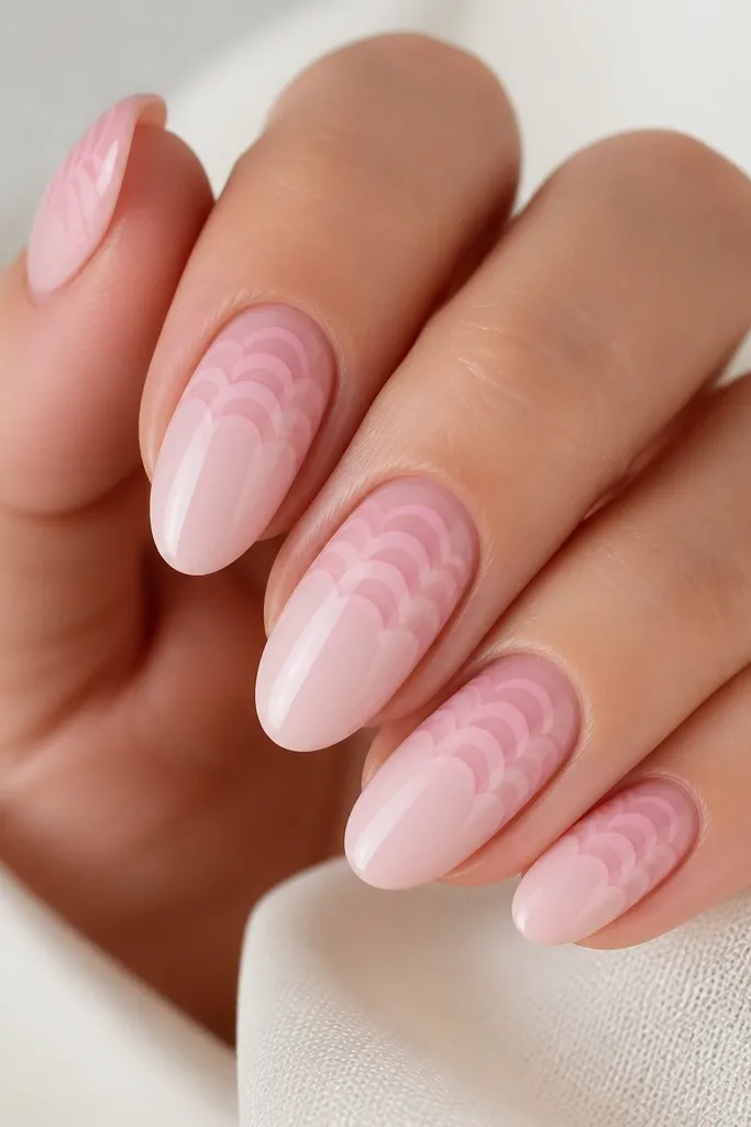 Medium almond nails with a pastel pink base. The shell pattern looks like overlapping arcs across the top half of each nail, done in slightly darker pink. Glossy finish.