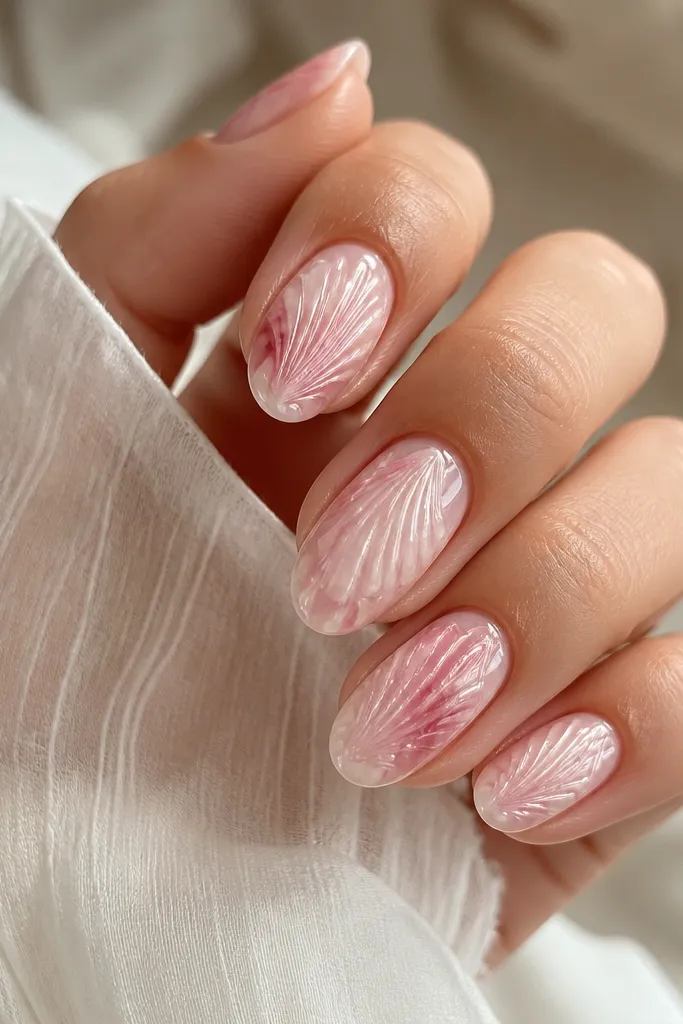 Nails with a soft blush marble effect - pale pink swirls and darker rose streaks. Over the marble, thin white shell ridges run down the center, and there's a glossy finish.