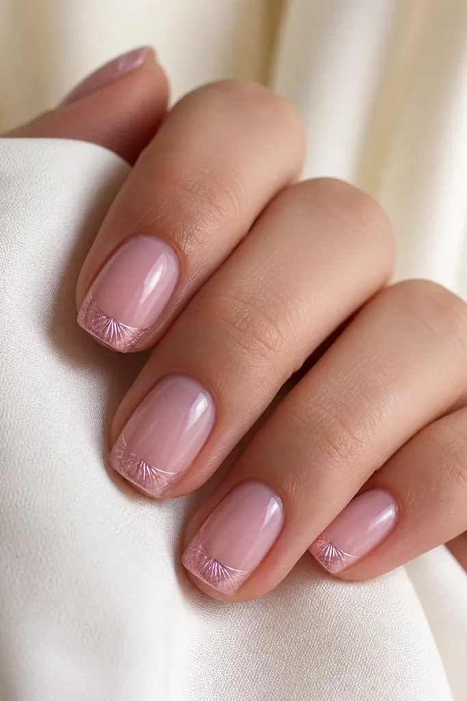 Short squoval nails with a milky pink base. The tips are a pink chrome that reflects light, and a few thin shell ridges are etched into the chrome with a fine brush.