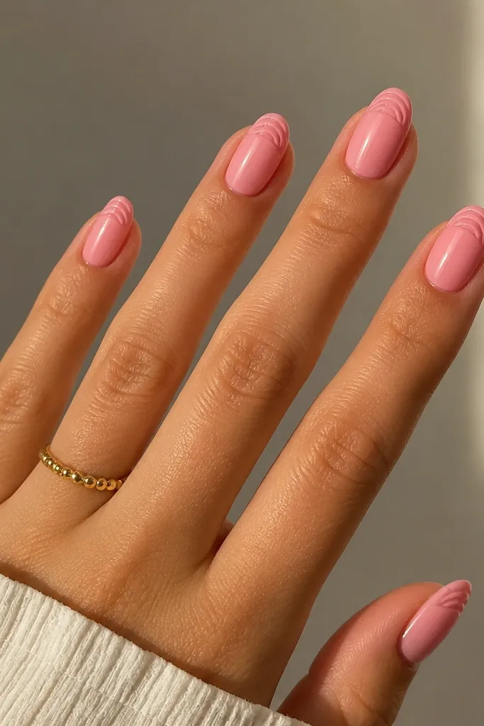 Medium length nails in bubblegum pink. Each nail has tiny conch-like curved lines stacked near the tip, like a small shell imprint, with a glossy finish.