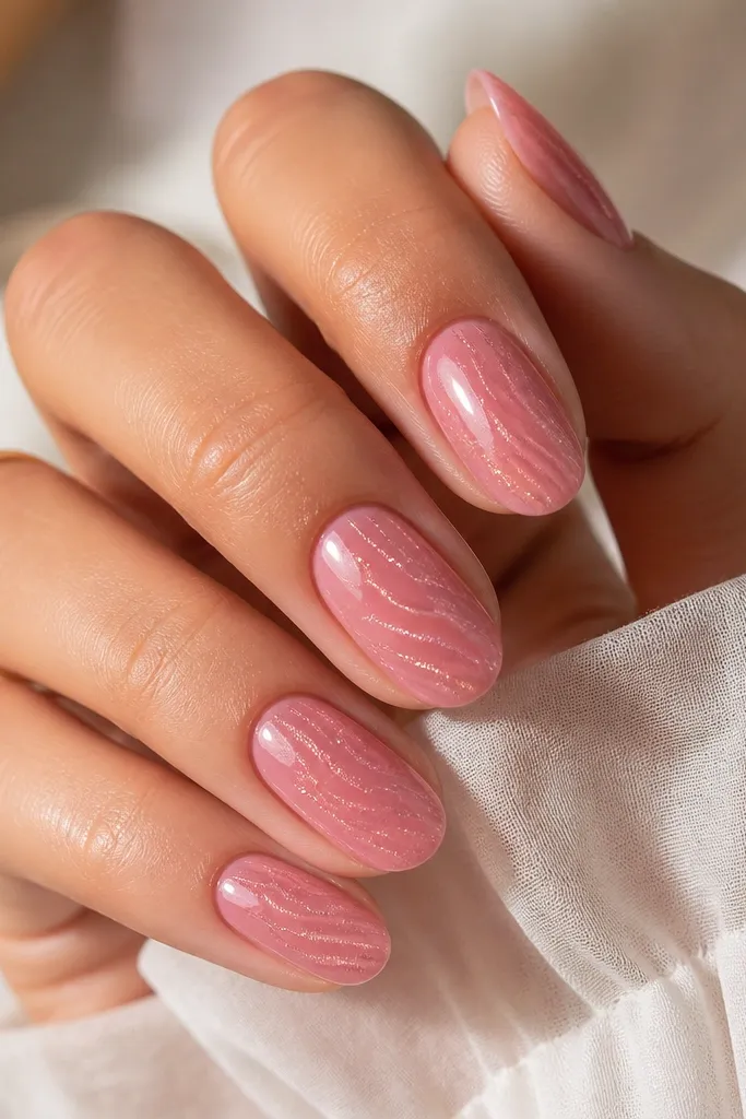 Nails painted rose pink. Over the base, there are faint shell ridge shadows in a lighter pink. A very fine micro glitter sits mostly near the ridges, and the nails are glossy.