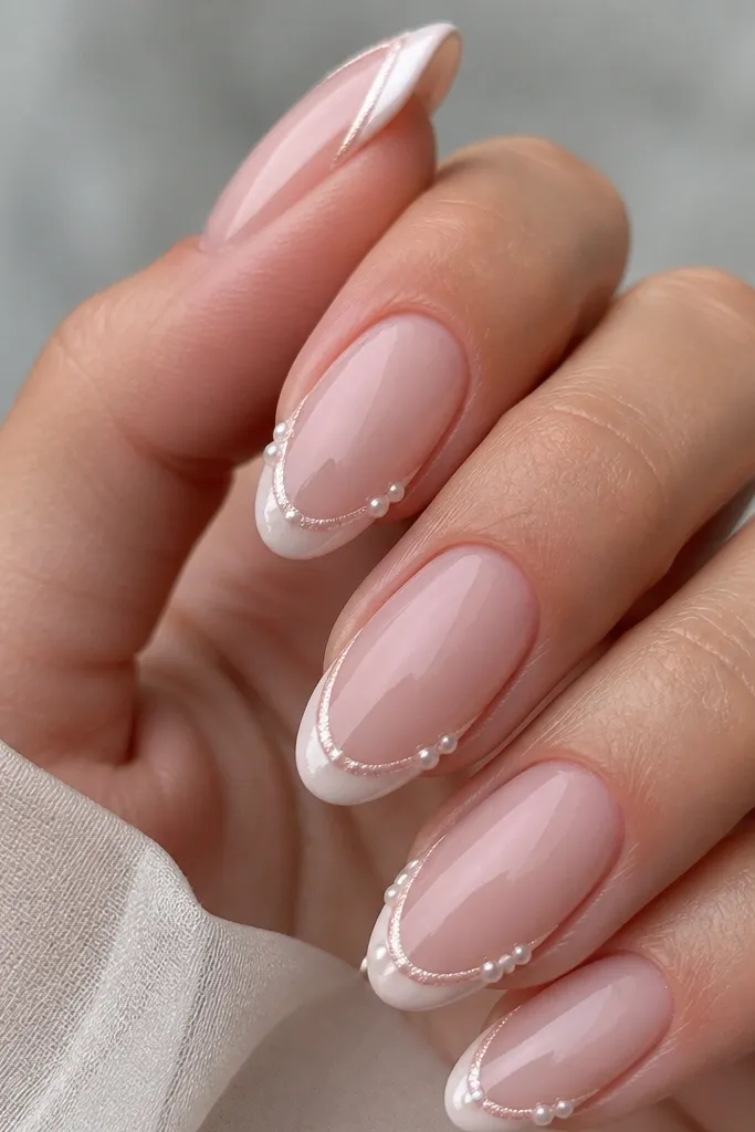 Sheer pink nails with a thin white shell border around the tip edge. A blush pearl liner line sits just inside the white border, and tiny pearl dots decorate corners.