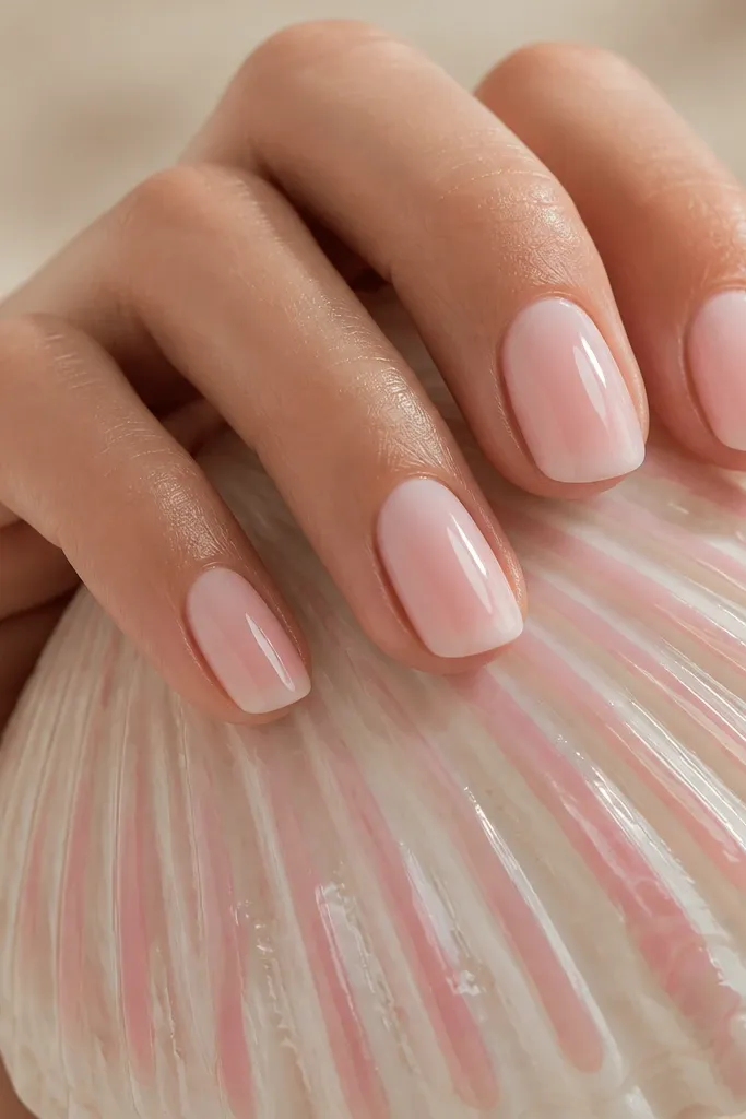 Nails in pastel pink. Shell ridges are painted slightly darker pastel pink, then covered with a clear jelly-like top coat that makes the ridges look suspended under glass.