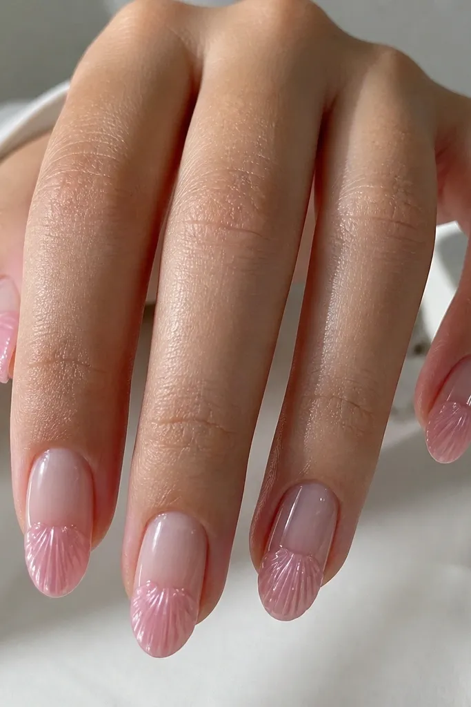 Nails with a sheer pink base on the lower half only. The center of each nail shows more natural nail or a clear negative space window. The skirt area has curved shell ridges and a glossy finish.