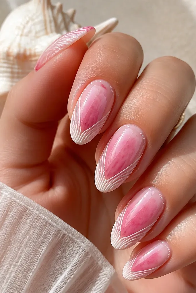 Nails with a watercolor wash effect: pale pink blended with deeper rose in soft edges. Fine white shell ridges run along the sides and tip edge, giving a framed look. Glossy finish.