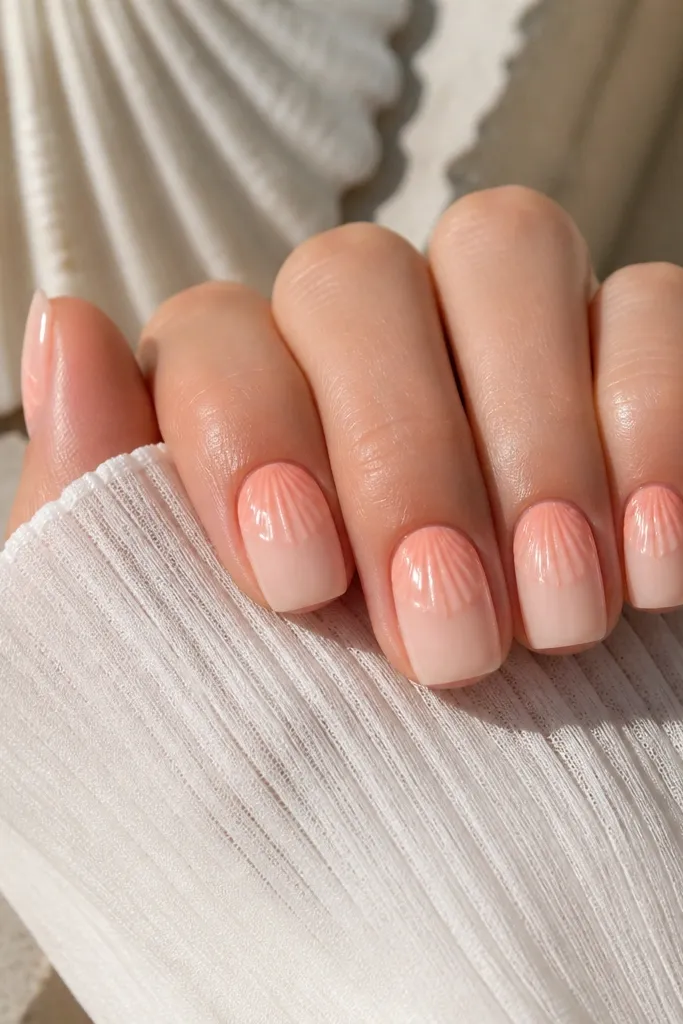 Short squoval nails with a blush base. The top third has a subtle dip or fade into light peach, and the shell ridges are drawn in the peach shade with a glossy finish.