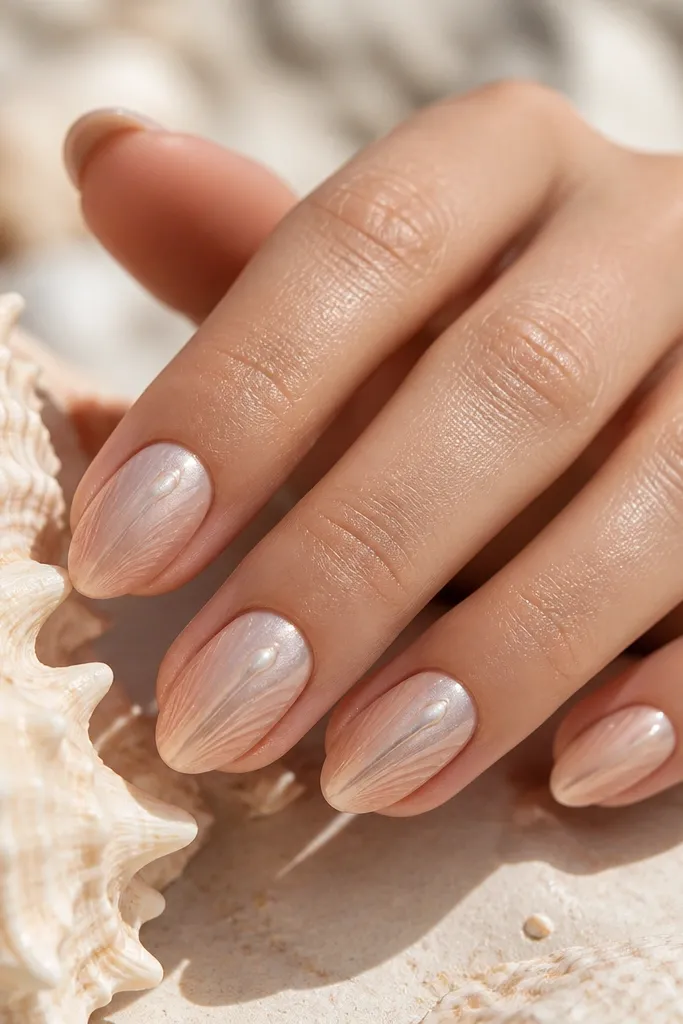 Short square nails painted milky nude. On each ring finger there is a single curved shell ridge drawn in pale pink, with one thin white highlight line near the top edge. Other nails stay solid nude with a glossy finish.
