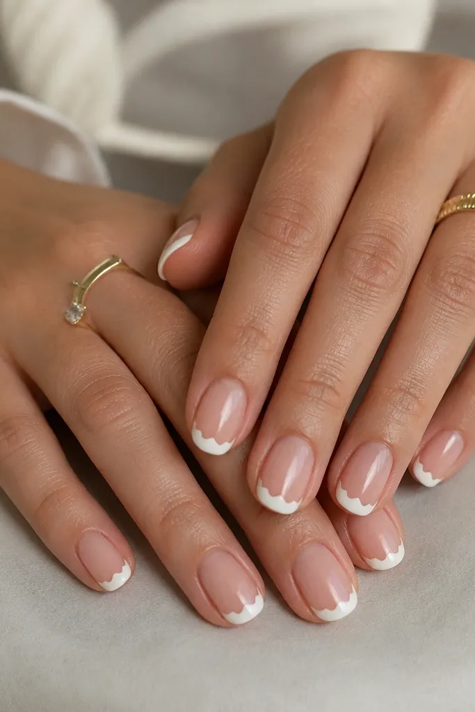 Nails have sheer pink bases. The tips are a soft white with small scalloped bumps along the edge, like a seashell lip. The rest of the nail stays clean and glossy.