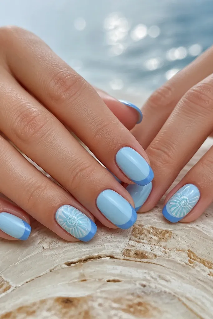 Nails are glossy sky blue with a slightly darker blue band near the tip. Accent nails show a thin seashell spiral drawn in white and pale teal.