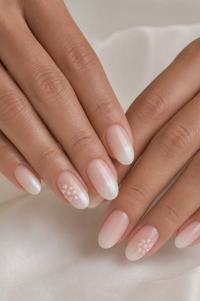 Nails fade from sheer nude at the cuticle into pearl white at the tips. On the ring fingers, there are three dot clusters shaped like tiny shell bumps in pale blush and pearl shimmer.