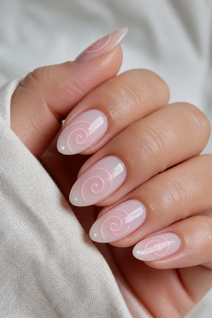 Milky sheer base nails with glossy finish. Each nail has a single soft pink spiral shell line starting near the center and curving toward the tip, with a tiny white dot at the outer end.