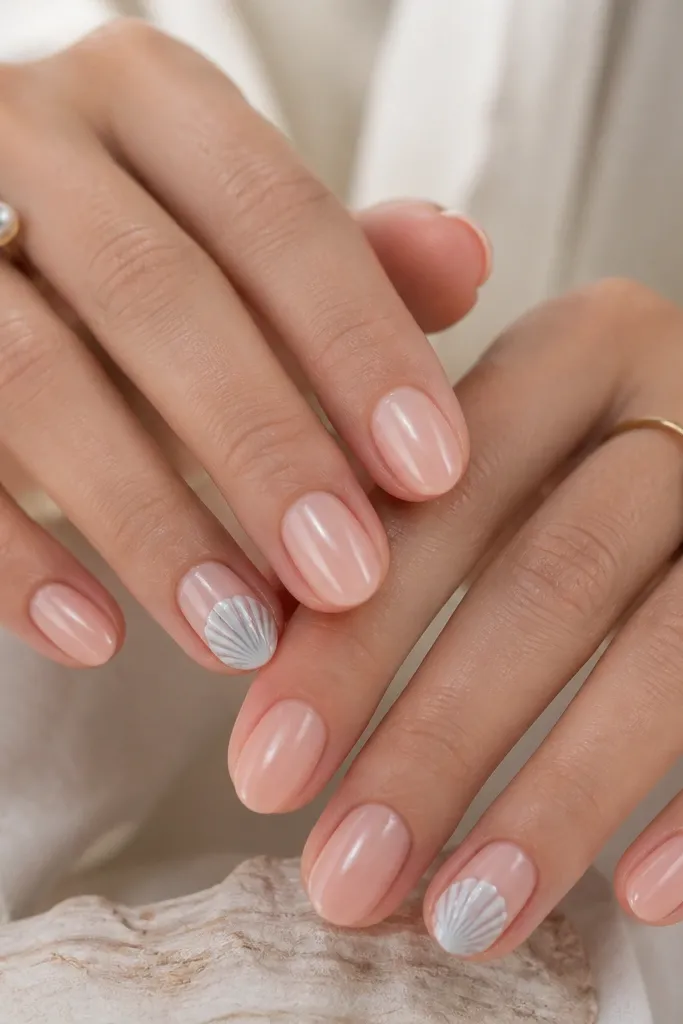 Nude base nails with one accent nail per hand. The accent nail has a white shell shape filled with three or four ridged lines, each ridge shaded slightly gray-blue, with a glossy highlight.
