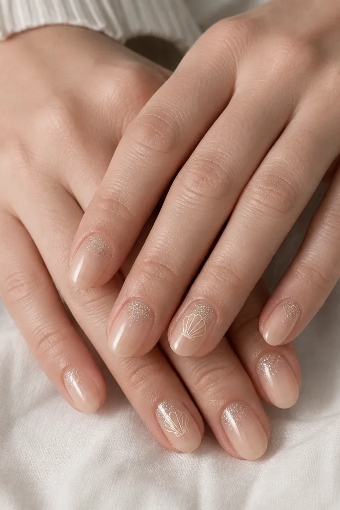 Nails are sheer nude. Around the cuticle there is a soft glitter halo in warm champagne, fading outward. Only the ring fingers have a tiny shell outline in pale beige near the center.