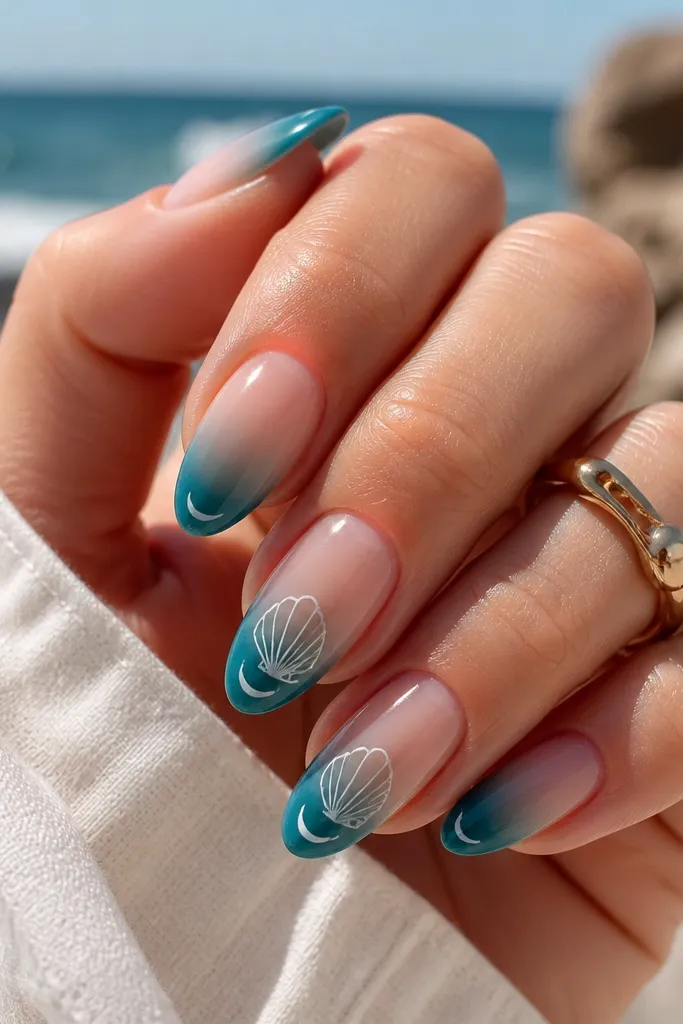 Nails fade from nude cuticles into ocean teal tips. Accent nails show white shell lines and a small crescent highlight near the tip.