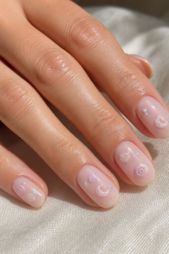 Milky pink nails with tiny pastel shell shapes scattered on the surface: small white crescents, pale blue dots, and one pale lavender swirl on each nail. Glossy finish throughout.