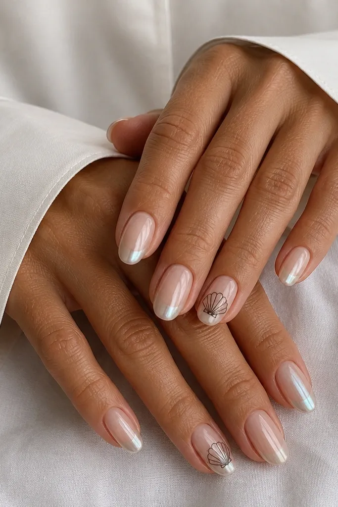Nails have sheer nude bases. The tips are coated with pearly chrome that shifts from white to pale silver. On the ring fingers, there's a tiny seashell ridge line in black-brown gel.