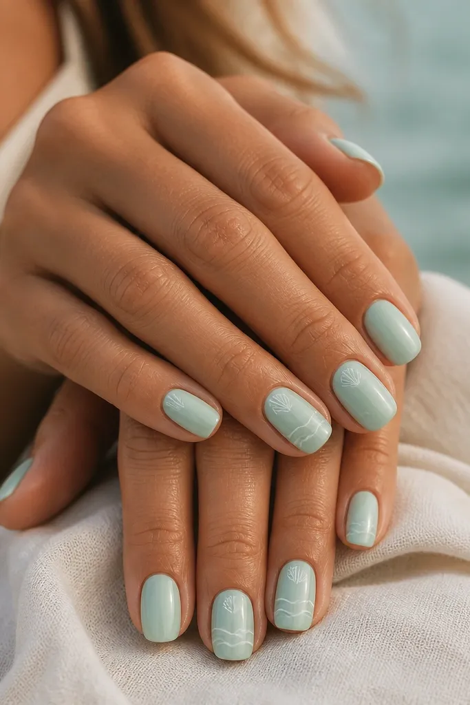 Nails are light seafoam. On two nails per hand there are simple wavy lines in white across the lower half. On the other nails, a tiny shell outline sits in the top corner near the cuticle.