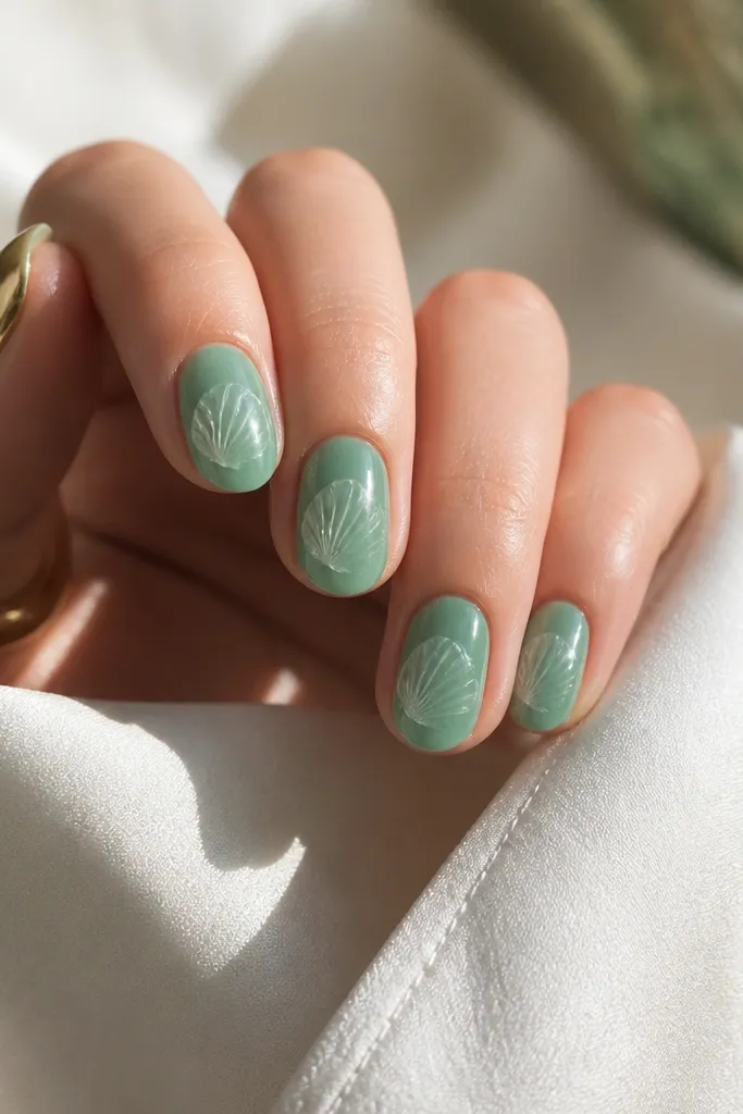 Nails are sea glass green with a glossy finish. On each nail there is a transparent-looking shell outline drawn in pale mint and white, with a thin glossy highlight stroke.