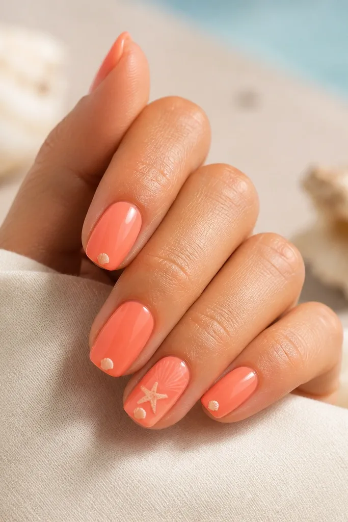 Nails have coral-peach bases. The ring fingers show a small starfish silhouette in pale cream, with coral shell lines radiating lightly. Other nails have tiny shell dots near the tip.