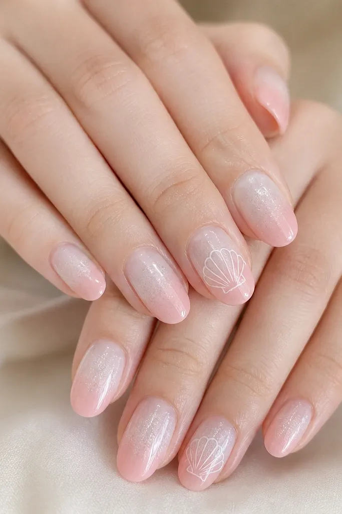 Nails fade from sheer white at the cuticle to pale pink at the tip. Micro glitter is concentrated in the middle and fades out. Accent nails have a thin shell outline in white.