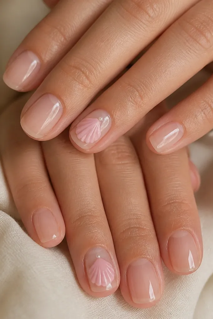 Clear or very sheer base nails. On the ring fingers, there are layered pink petal shapes forming a shell-like rosette near the center, with a tiny white highlight dot on top. Other nails are clear with glossy shine.