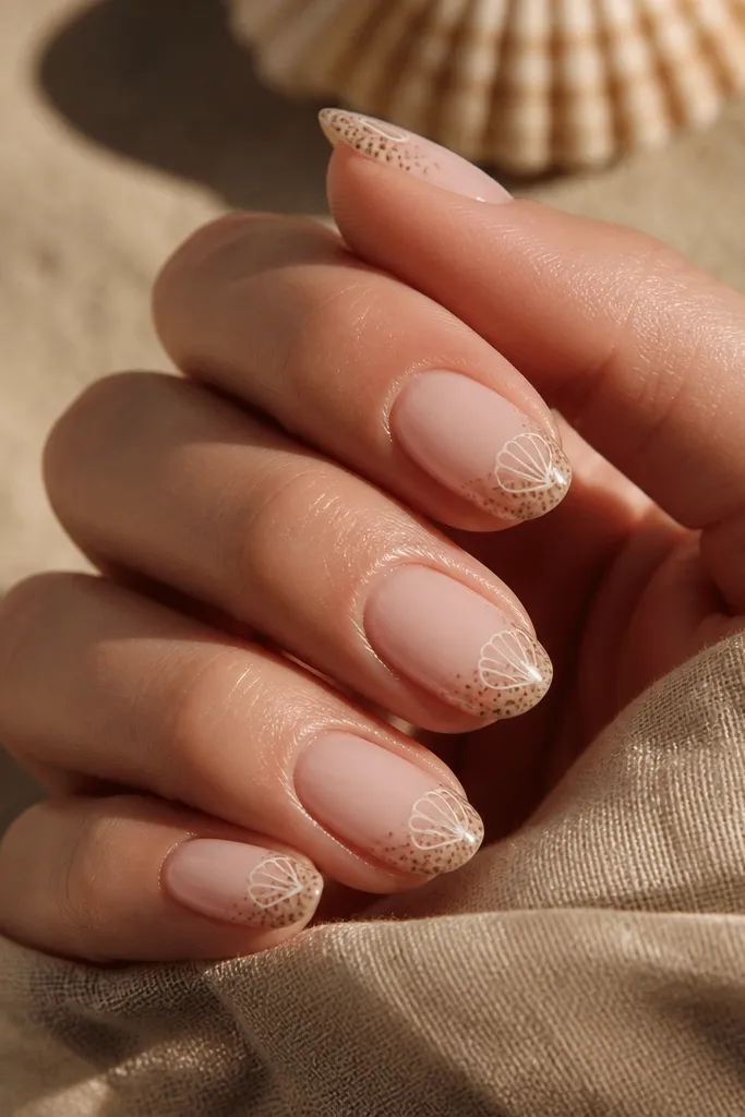 Nails are sheer nude with tiny brown dot clusters near the middle and tip, like sand grains. Accent nails have a thin white shell outline with one curved highlight stroke.