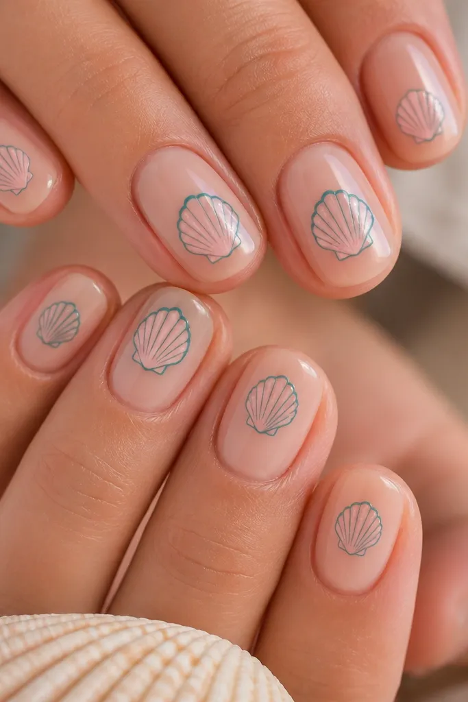 Nude nails with glossy finish. Each nail has a small shell drawn in thin teal outline with pale pink ridges inside. Accent nails have a thicker teal outline and a tiny white highlight.